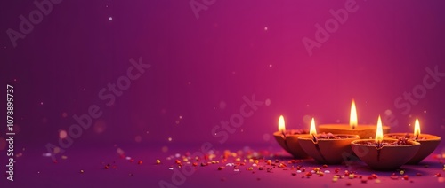 Traditional Diwali diyas with flower petals on a purple background photo