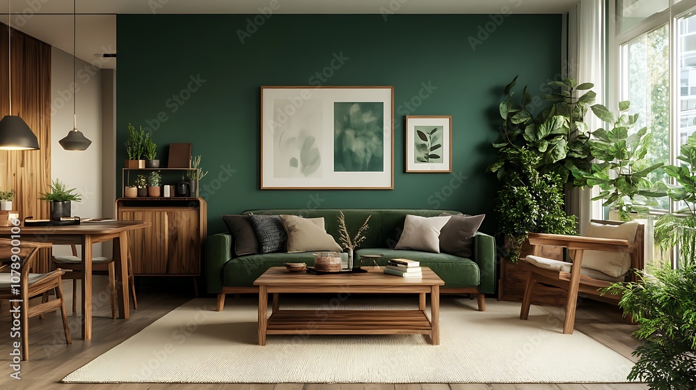 Fototapeta premium Beautiful Modern Living room Interior with furniture's ,mockup frame , posters, wall -3d Rendering