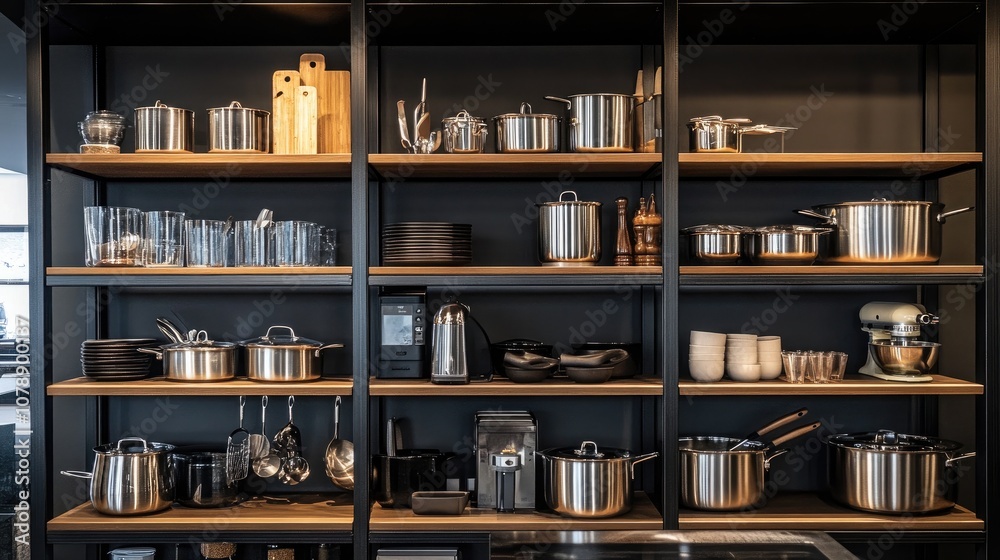 custom made wallpaper toronto digitalModern Kitchen Organization with Sleek Stainless Steel Cookware, Utensils, and Glassware Displayed on Open Shelves in a Contemporary Culinary Space