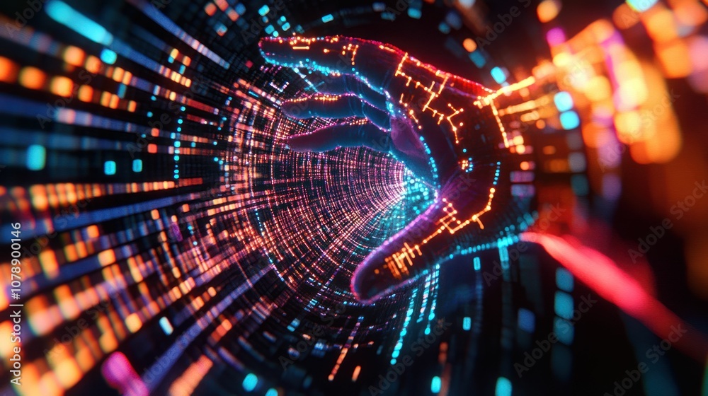 Fototapeta premium A glowing digital hand reaches into a colorful vortex of data.