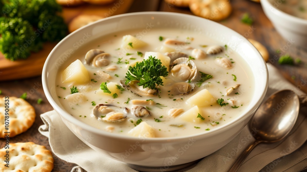 A bowl of creamy clam chowder with chunks of potatoes and clams, garnished with fresh parsley, served with oyster crackers. A bowl of creamy clam chowder with chunks of potatoes and clams, garnished with fresh parsley, served with oyster crackers.