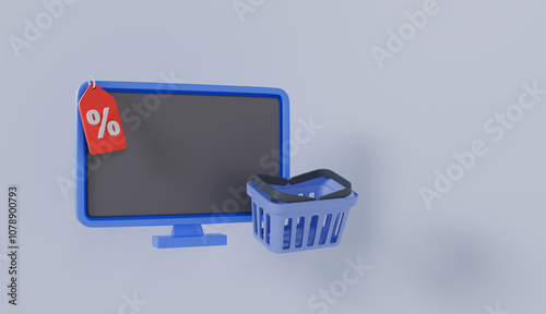 Online shopping via Internet, Computer monitor and basket, Sale of goods with a discount coupon with empty space for promotion photo