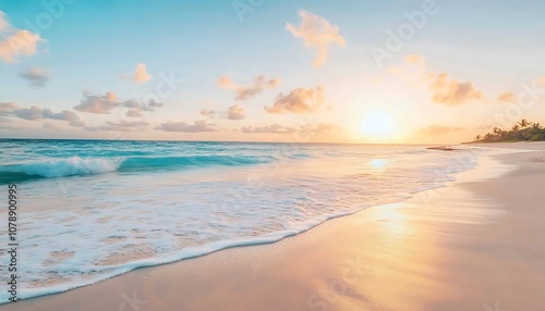 A serene beach at sunset with soft waves and sand. Perfect for relaxation and vacation visuals.