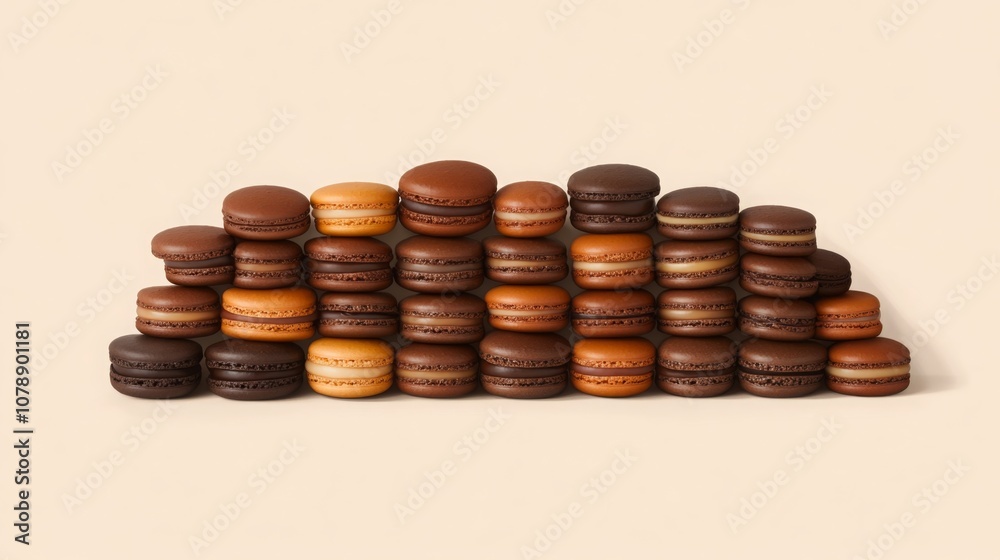 A tempting display of macarons in various colors and flavors is arranged in a neat pyramid on a soft, neutral background, showcasing their delicate textures and appealing designs. A tempting display of macarons in various colors and flavors is arranged in a neat pyramid on a soft, neutral background, showcasing their delicate textures and appealing designs.