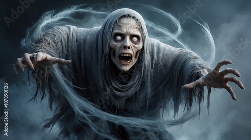 A ghostly figure emerges: skin pale with fear, eyes wide with terror, and tattered, ethereal clothing swirling in a ghostly fog