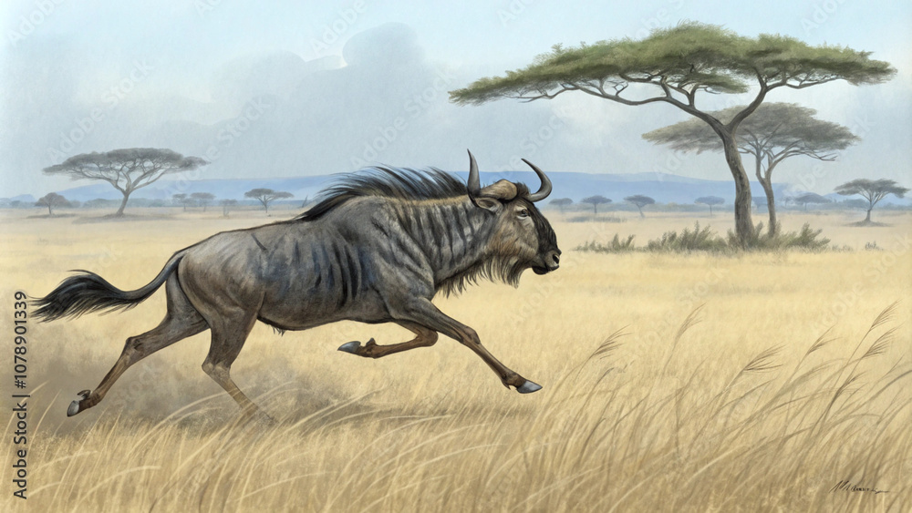 Wildebeest Running Through African Savanna Wildebeest Running Through African Savanna