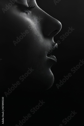 A black and white photo of a woman's face in the dark