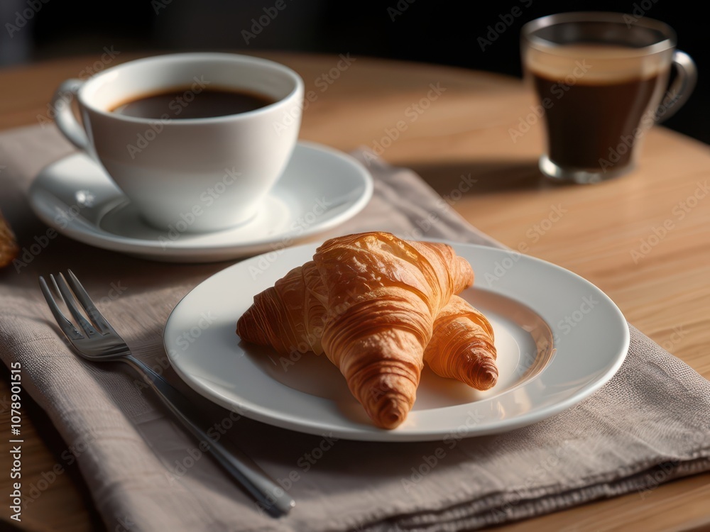 Breakfast with coffee and croissants in a basket on table Breakfast with coffee and croissants in a basket on table