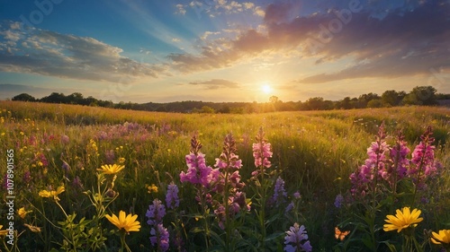 Sun-Drenched Meadow Filled with Wildflowers and Dancing Butterflies