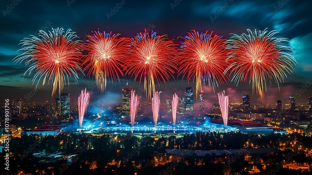 Obraz premium Fireworks over Belgrade at night, illuminating the city in red, blue, and white for Serbia National Day