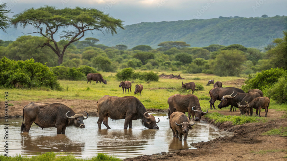 African Buffalo Herd Drinking Water in Savanna African Buffalo Herd Drinking Water in Savanna