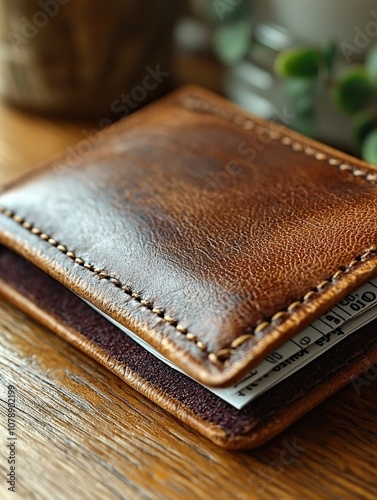 A close-up of a brown leather wallet resting on a wooden surface, showcasing its texture and stitching details.