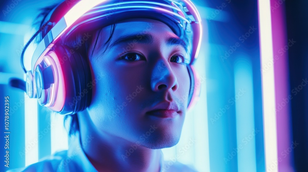 Young Asian man intently streaming a live gaming session with RGB-lit headset, surrounded by vibrant neon colors from a gaming setup, focused expression creating an intense and immersive atmosphere. Young Asian man intently streaming a live gaming session with RGB-lit headset, surrounded by vibrant neon colors from a gaming setup, focused expression creating an intense and immersive atmosphere.