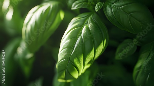 A close-up of a fresh basil leaf with visible veins, capturing the vibrant green color and subtle texture of the leaf s natural fibers. Cinematic Scene, 4k resolution, cinematic scene photo