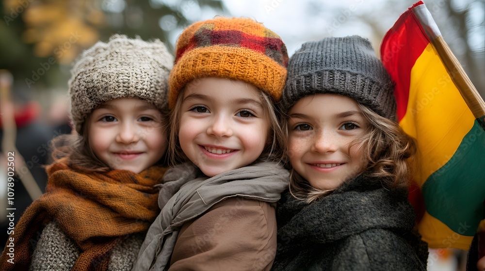 Lithuanian children in traditional clothing, holding flags and smiling, Lithuania Independence Day celebration, lively scene Lithuanian children in traditional clothing, holding flags and smiling, Lithuania Independence Day celebration, lively scene