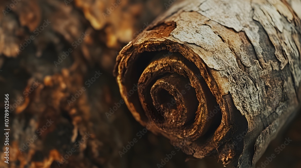 A macro image of a cinnamon stick, capturing the rolled bark with its rough texture, natural cracks, and rich brown tones. Cinematic Scene, 4k resolution, cinematic scene A macro image of a cinnamon stick, capturing the rolled bark with its rough texture, natural cracks, and rich brown tones. Cinematic Scene, 4k resolution, cinematic scene