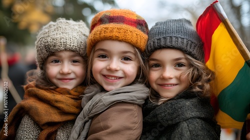 Lithuanian children in traditional clothing, holding flags and smiling, Lithuania Independence Day celebration, lively scene