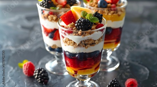 A colorful fruit parfait with layers of yogurt, granola, and fresh berries, served in a clear glass.