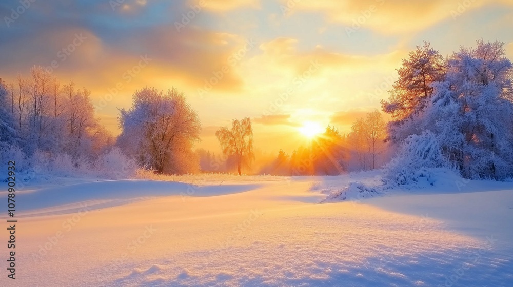 Over a snow-covered field, a beautiful winter sunrise greets you
Over a snow-covered field, a beautiful winter sunrise greets you