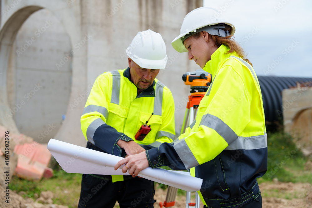 Male and female construction engineers discuss and use machines and macros for large construction projects. Male and female construction engineers discuss and use machines and macros for large construction projects.