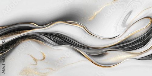 Abstract marble texture background with fluid black and white waves accented by golden lines, creating an elegant and luxurious aesthetic with ample copyspace

