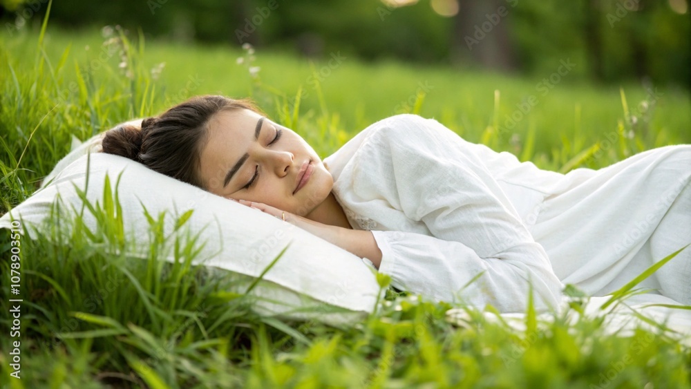 Smiling woman lying on fresh green grass with arms behind her head, enjoying a peaceful moment in nature, symbolizing relaxation and outdoor serenity. Smiling woman lying on fresh green grass with arms behind her head, enjoying a peaceful moment in nature, symbolizing relaxation and outdoor serenity.