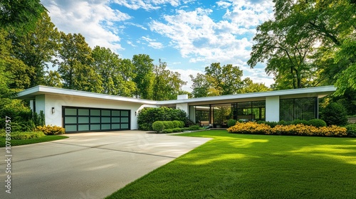 A modern white house with a large lawn, a driveway, and a garage door.