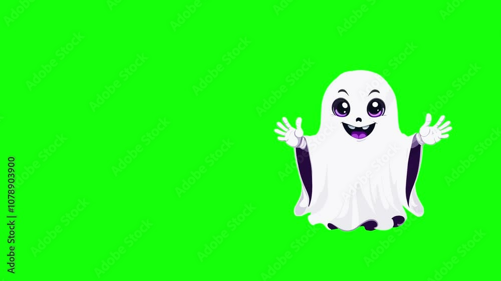 Animated character of a helloween white funny ghost who greets the viewer and waves his hand, on a green background chromakey, idea for promotional video, mascot Animated character of a helloween white funny ghost who greets the viewer and waves his hand, on a green background chromakey, idea for promotional video, mascot