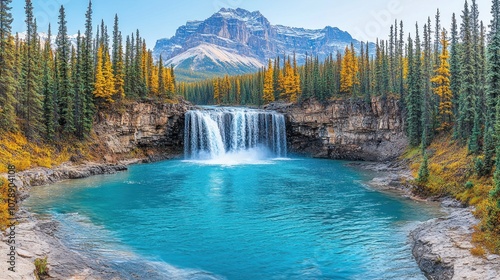 A picturesque waterfall cascades into a turquoise pool surrounded by vibrant autumn foliage and towering mountains.