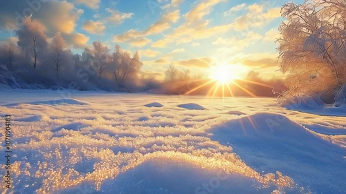 Over a snow-covered field, a beautiful winter sunrise greets you
