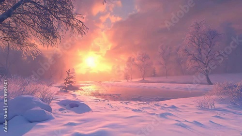 Over a snow-covered field, a beautiful winter sunrise greets you
