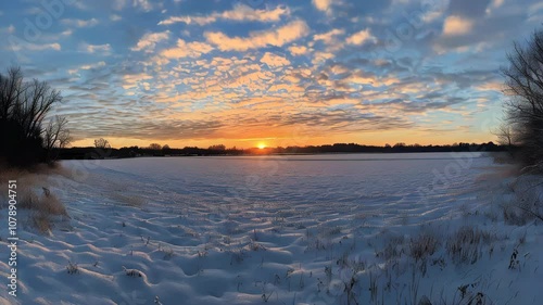 Over a snow-covered field, a beautiful winter sunrise greets you
