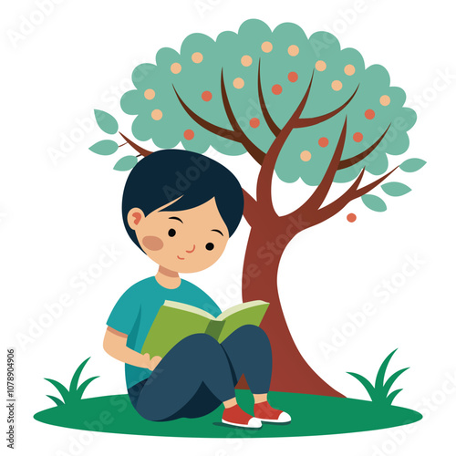 A Child Sitting Under a Tree and Reading a Book Vector Illustration for Education and Storytelling Themes