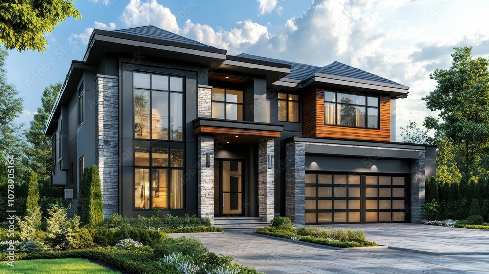 Modern two-story home with large windows, a gray exterior, and a wooden accent wall.