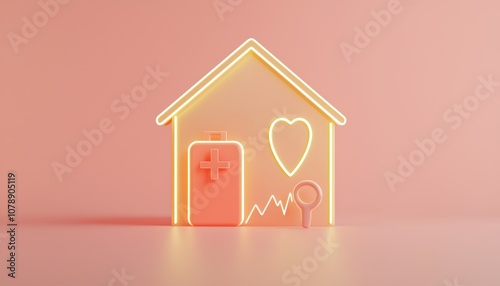 Dynamic insurance mockup with glowing icons of life, health, and property coverage, highlighting strategy and risk management, 3D illustration