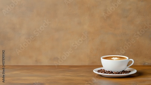 A steaming cup of coffee sits on a saucer, surrounded by coffee beans, against a rustic, warm-toned background.