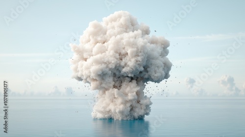 A large, billowing cloud of smoke rises from the ocean, creating a dramatic contrast against a serene sky.