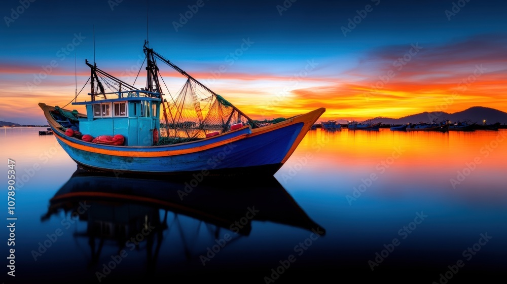 Sunrise at Bustling Fishing Port with Boats and Nets Sunrise at Bustling Fishing Port with Boats and Nets