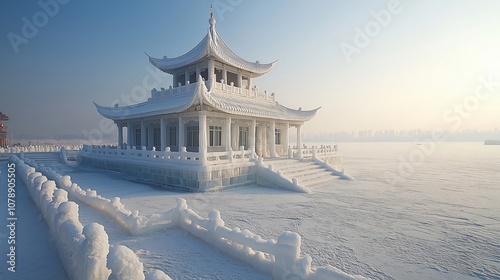 Chinese temple covered by snow in winter morning photo