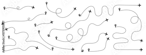 Airplane icons following dotted curved routes and reaching destination points marked by location icons