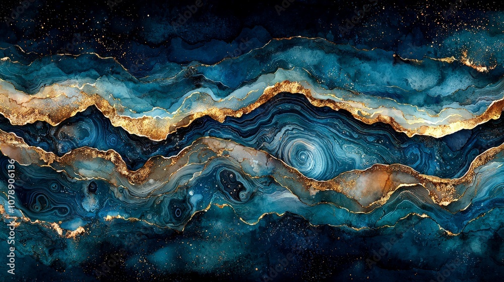 Abstract blue and gold waves resembling fluid art with swirling patterns. Abstract blue and gold waves resembling fluid art with swirling patterns.