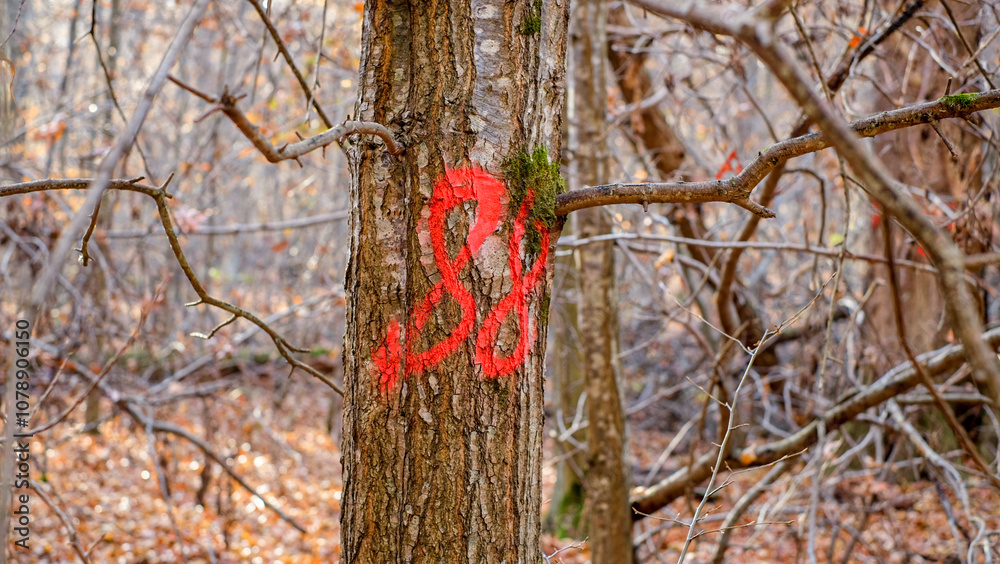Marked trees by numbers, deforestation preparation Marked trees by numbers, deforestation preparation