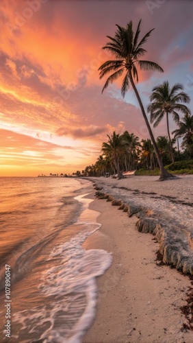 Captivating Long Exposure of Sunset Over Smathers Beach in Key West With Gentle Waves Lapping the Shore. Generative AI