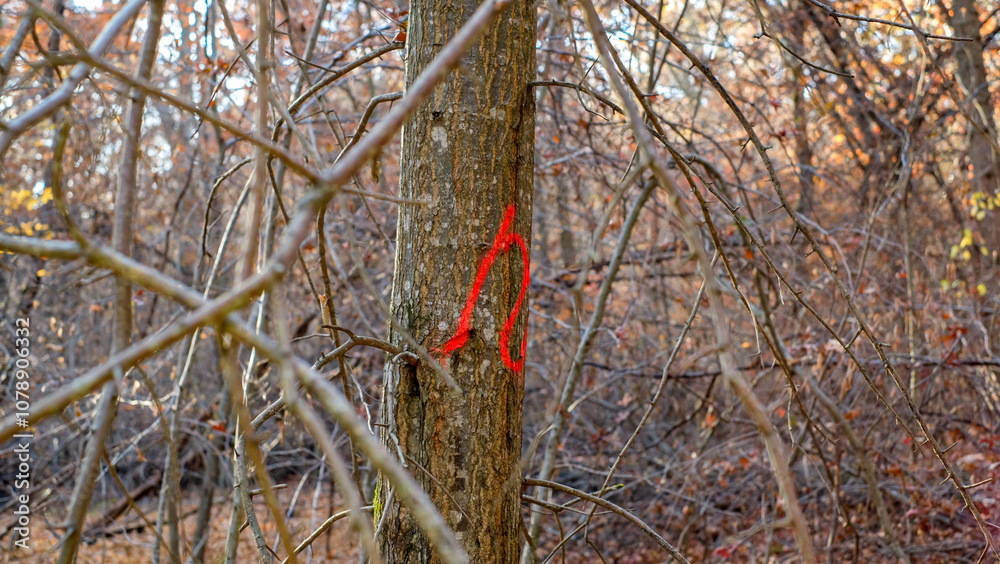 Marked trees by numbers, deforestation preparation Marked trees by numbers, deforestation preparation