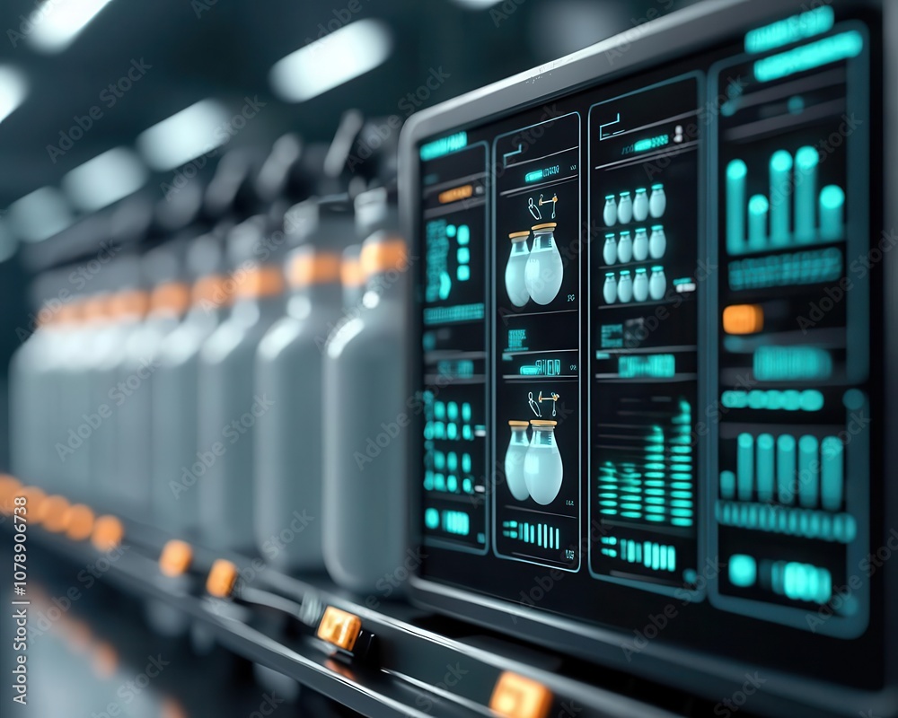 Abstract representation of milk production evolution, glowing automated systems optimizing every stage from cow to carton
