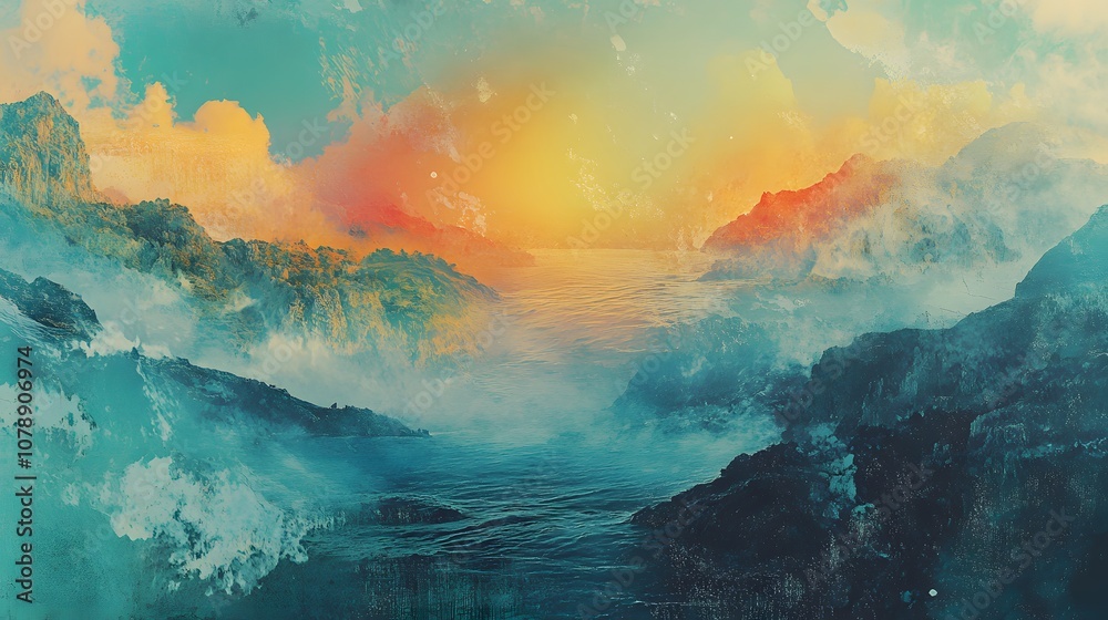 Fototapeta premium A digital collage blending landscapes with abstract textures and faded elements, creating a nostalgic, dreamlike design. Cinematic Scene, 4k resolution, cinematic scene