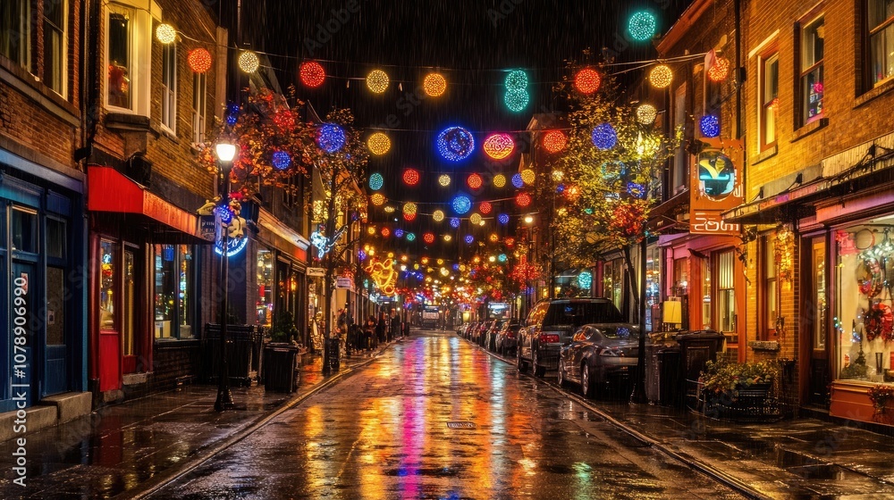 Enchanting Nighttime Street Scene with Colorful Lanterns and Rain Reflections in a Vibrant Town Square Full of Life and Holiday Spirit Enchanting Nighttime Street Scene with Colorful Lanterns and Rain Reflections in a Vibrant Town Square Full of Life and Holiday Spirit