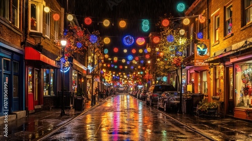 Enchanting Nighttime Street Scene with Colorful Lanterns and Rain Reflections in a Vibrant Town Square Full of Life and Holiday Spirit