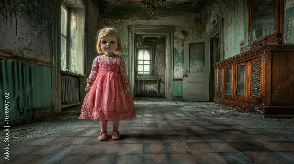 Naklejka premium Abandoned Room with Vintage Doll in Pink Dress Capturing Eerie Atmosphere in Dilapidated House with Faded Walls and Dusty Floors