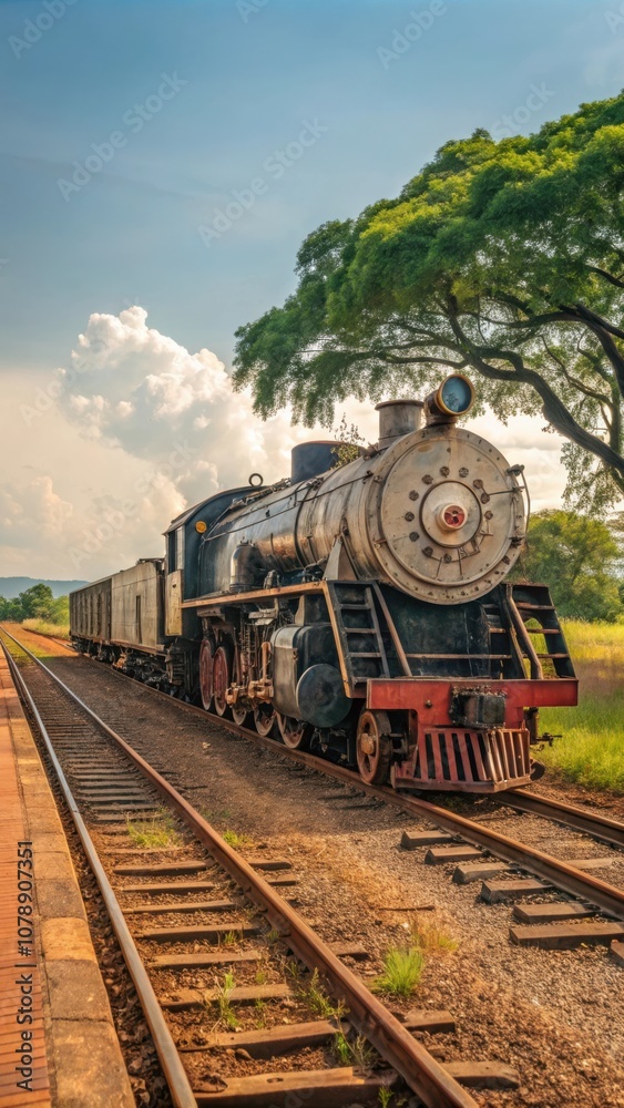 Retro Steel Locomotive Train Standing on the Tracks Near a Verdant Landscape Under a Bright Sky. Generative AI Retro Steel Locomotive Train Standing on the Tracks Near a Verdant Landscape Under a Bright Sky. Generative AI